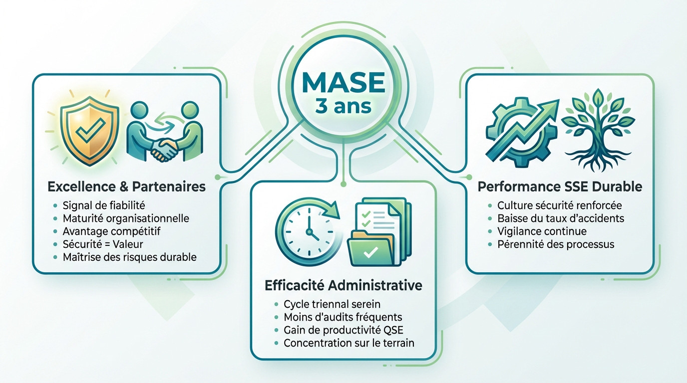 Schéma illustrant les bénéfices de la certification MASE 3 ans sur la performance et la culture sécurité