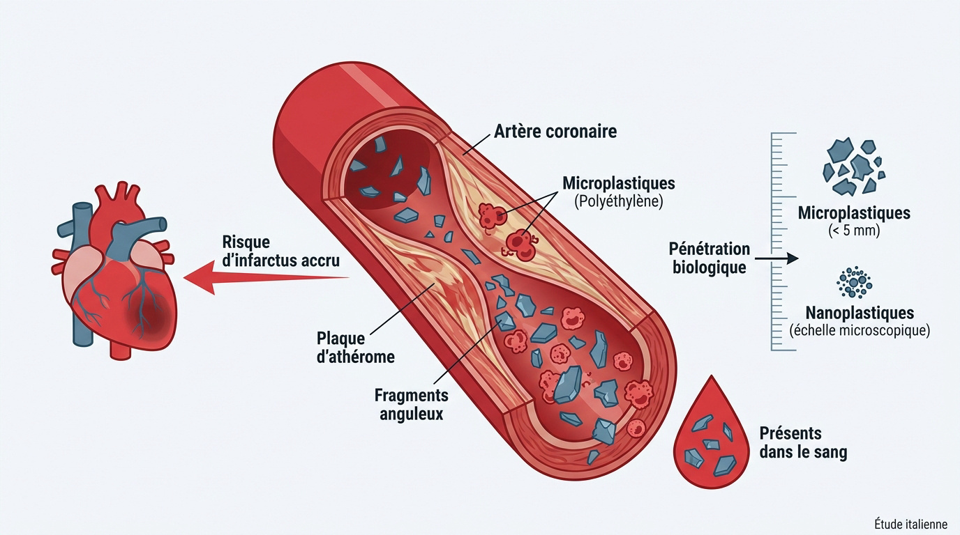Illustration de microplastiques circulant dans le système sanguin humain
