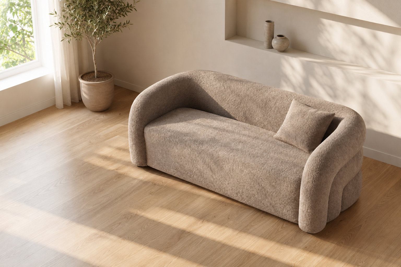 Canapé arrondi 3 places en tissu bouclette taupe - LAPIOTA