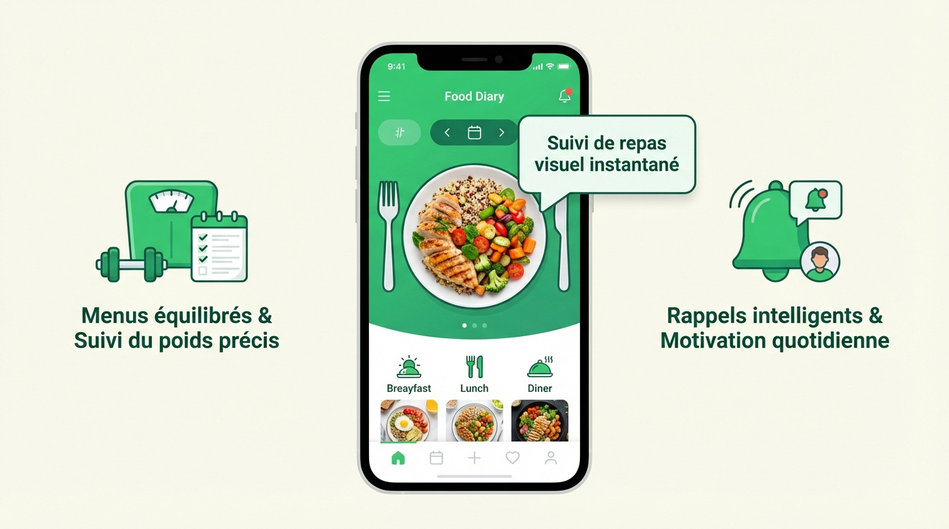 Interface d'un logiciel de nutrition pour coachs affichant le suivi des repas et des macros