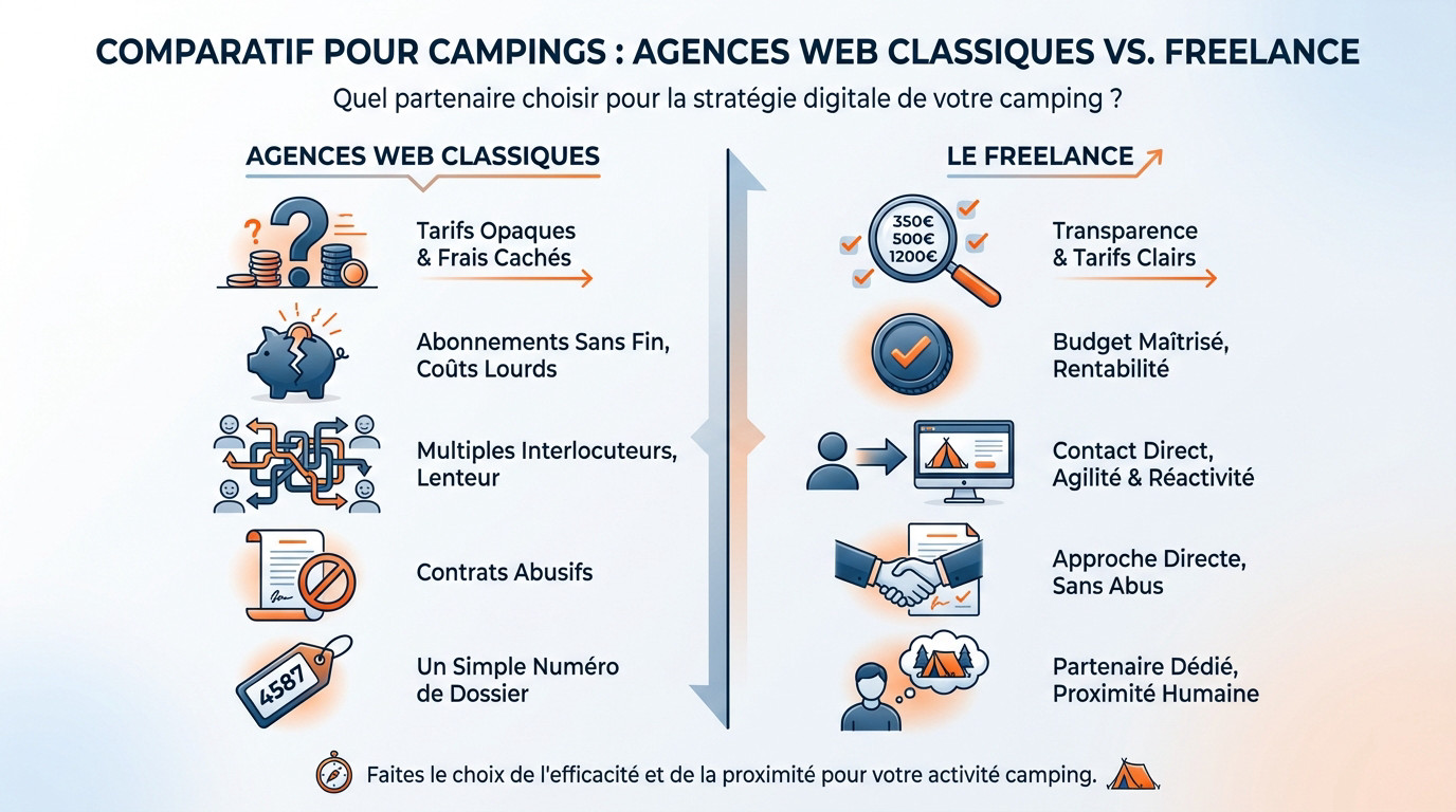 Comparatif des coûts et services entre agence web classique et freelance pour un camping à Nantes