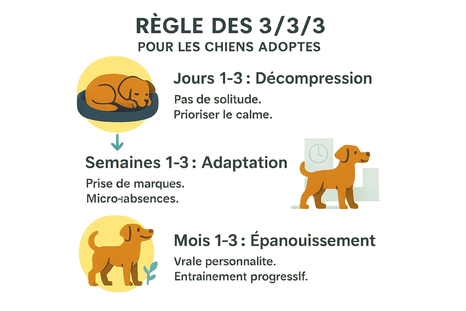 Illustration de la règle des 3/3/3 pour l'adoption d'un chien