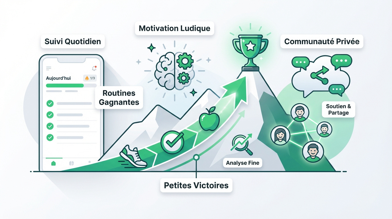 Infographie montrant les étapes clés du succès et de l'engagement d'un élève en coaching nutritionnel