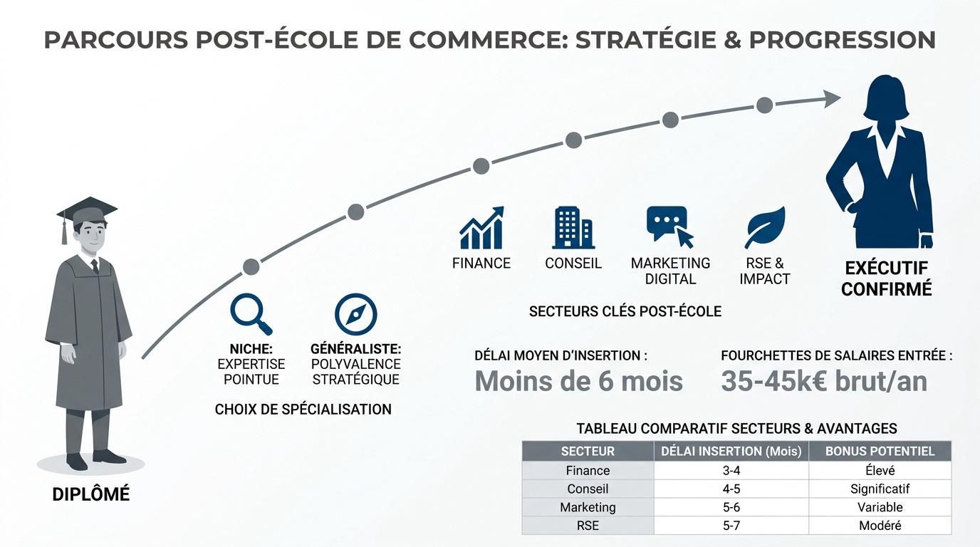 Graphique illustrant les perspectives de carrière et l'évolution salariale après une école de commerce