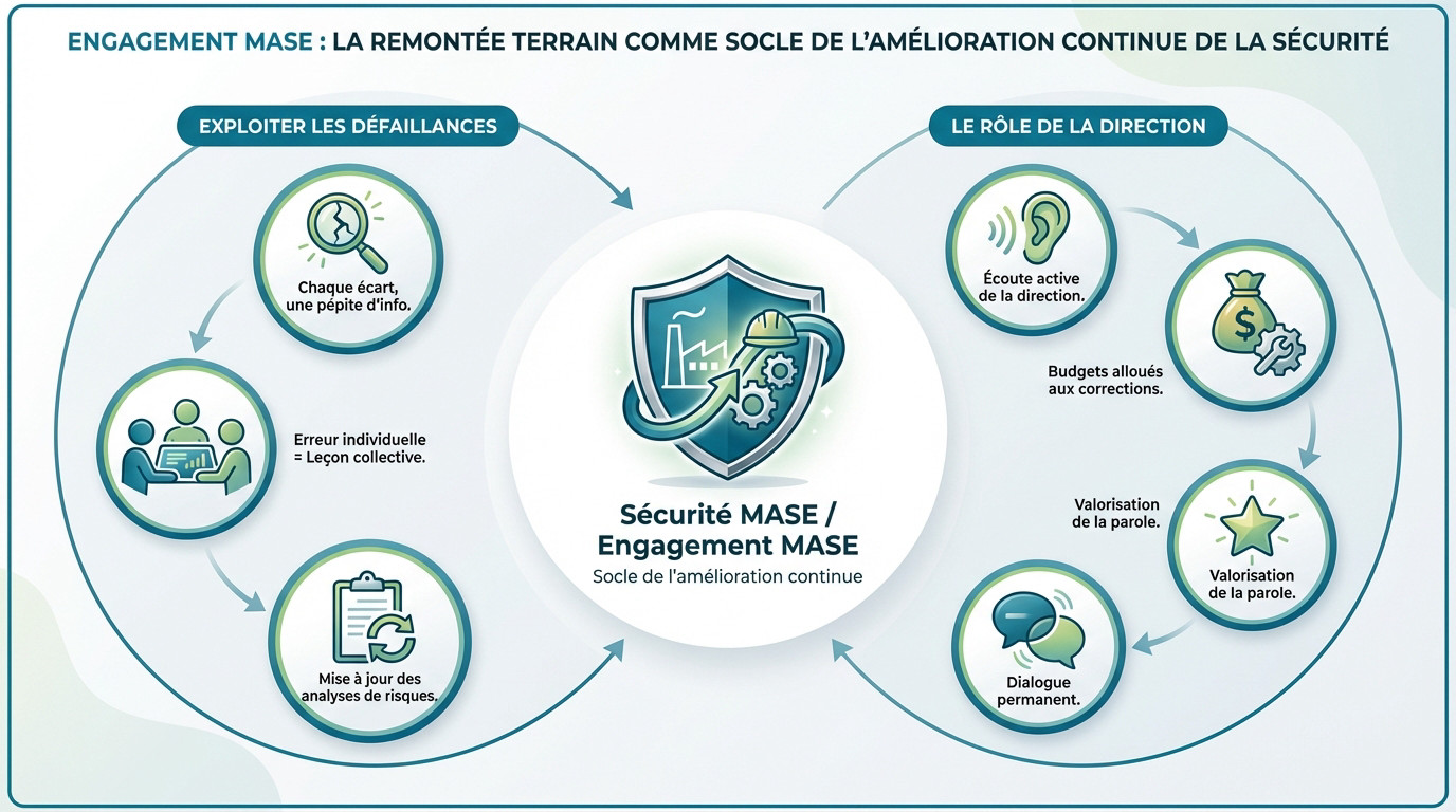 Collaborateurs échangeant sur une remontée terrain pour améliorer la sécurité MASE
