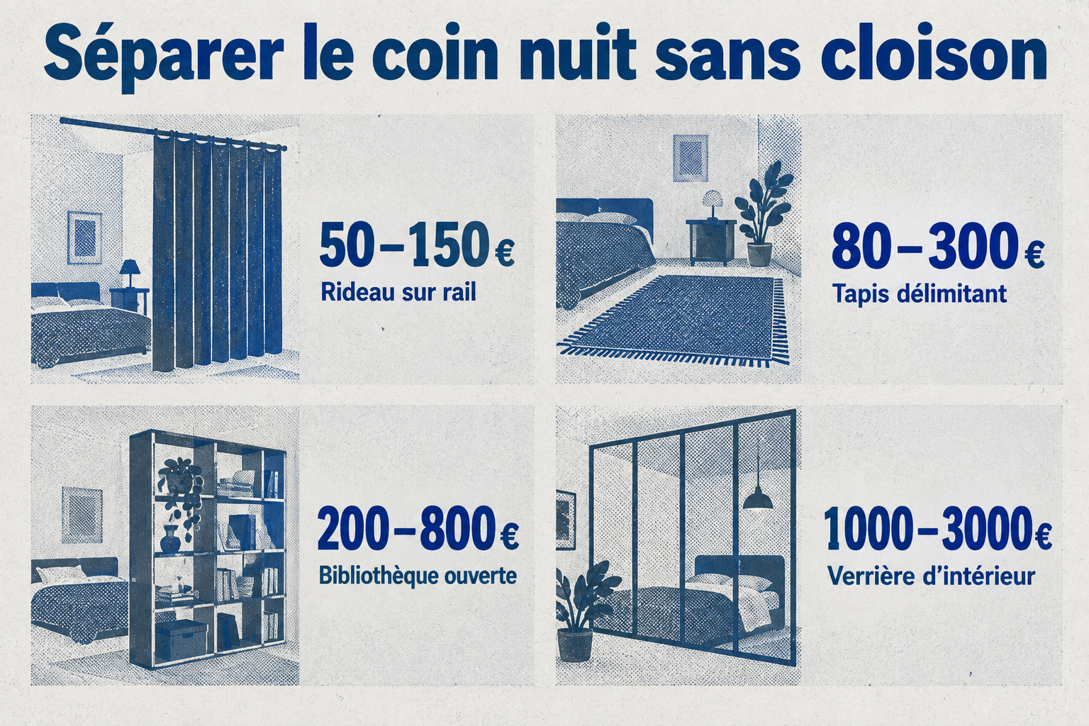 Comparaison de cinq solutions pour séparer le coin nuit d'un studio, avec leurs fourchettes de prix en euros, du rideau à la verrière.