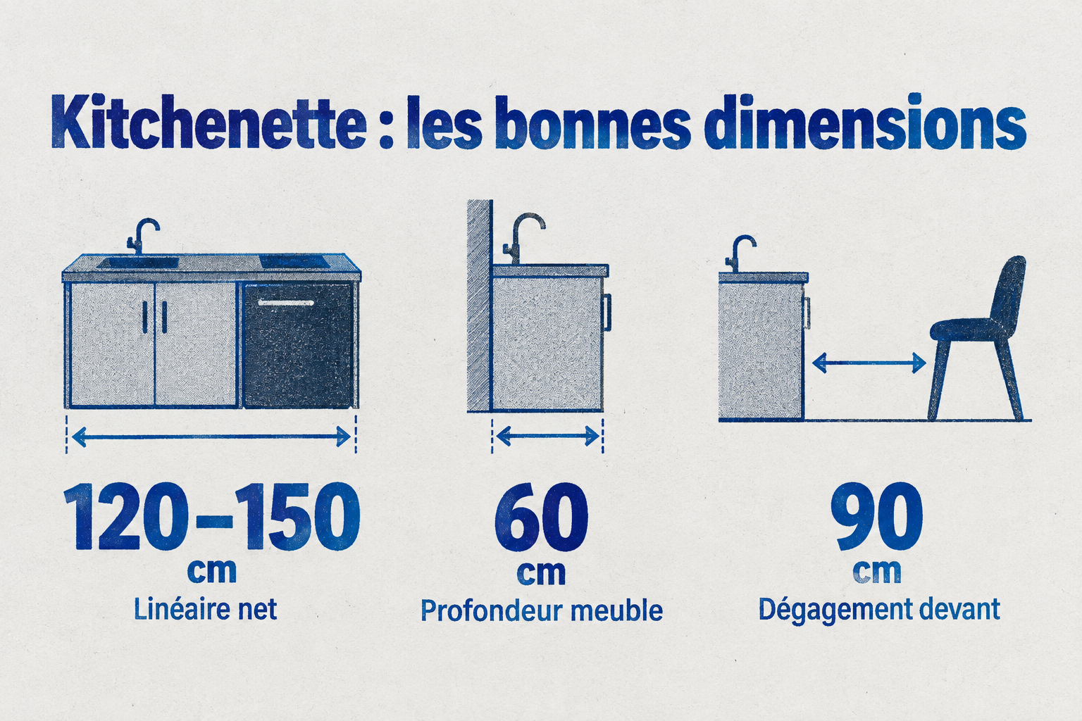 Dimensions clés d'une kitchenette fonctionnelle : 120 à 150 cm de linéaire, 60 cm de profondeur, 90 cm de dégagement.