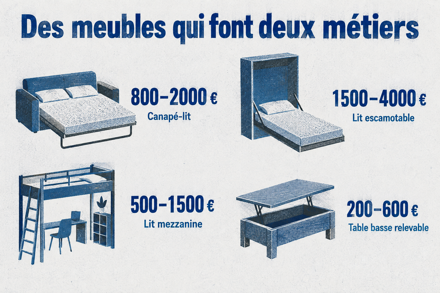 Cinq meubles multifonctions avec leurs fourchettes de prix en euros : canapé-lit, lit escamotable, lit mezzanine, lit coffre, table basse relevable.
