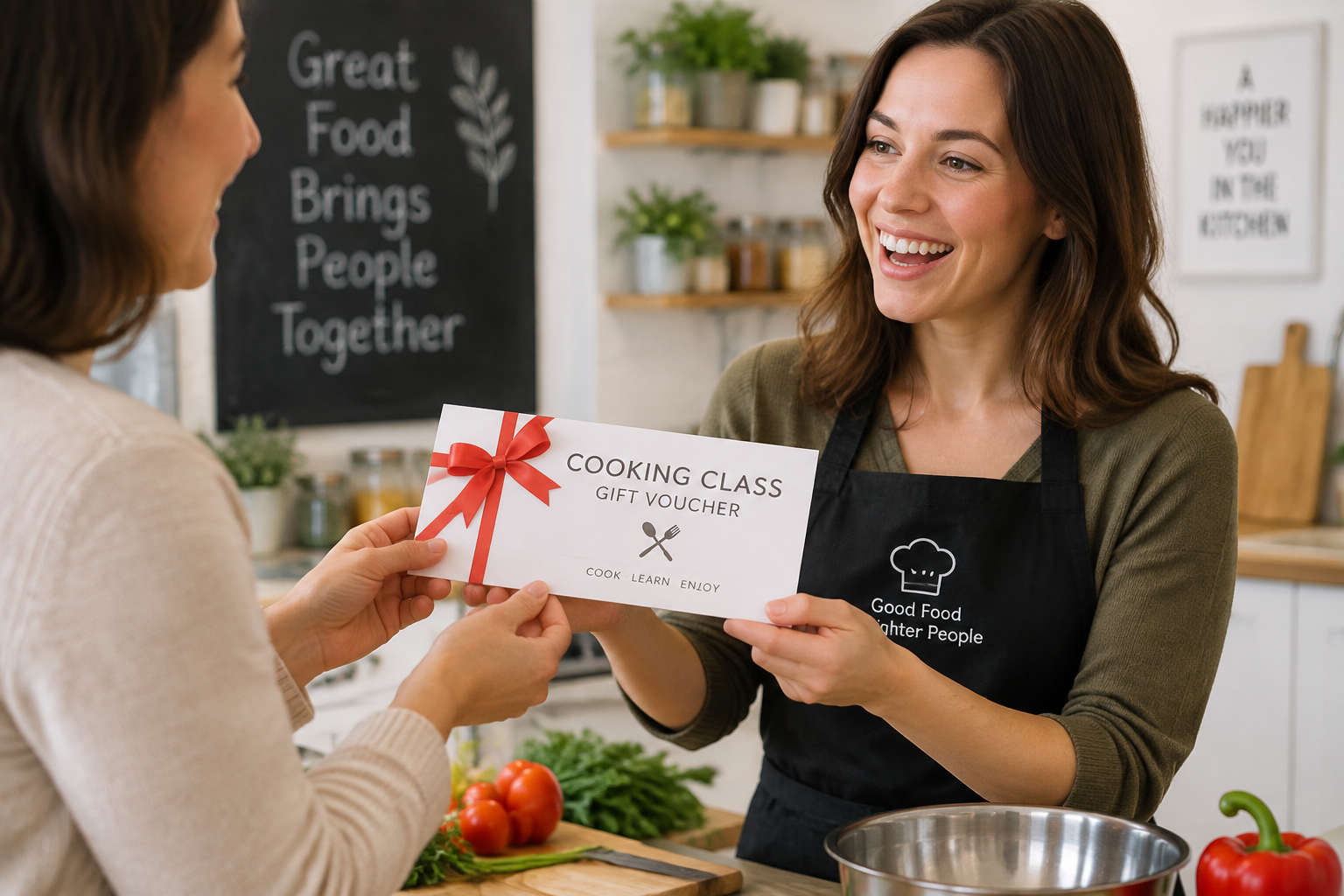 Une personne offre un bon pour un cours de cuisine à une autre qui sourit