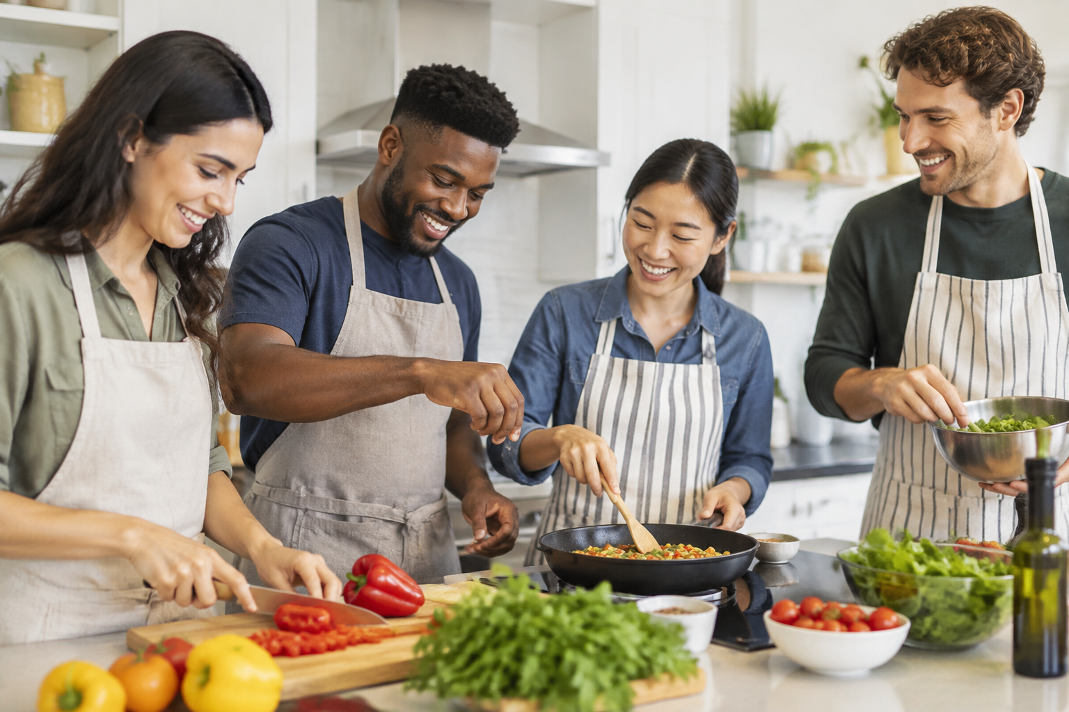 Des participants en tablier cuisinent ensemble dans une cuisine lumineuse