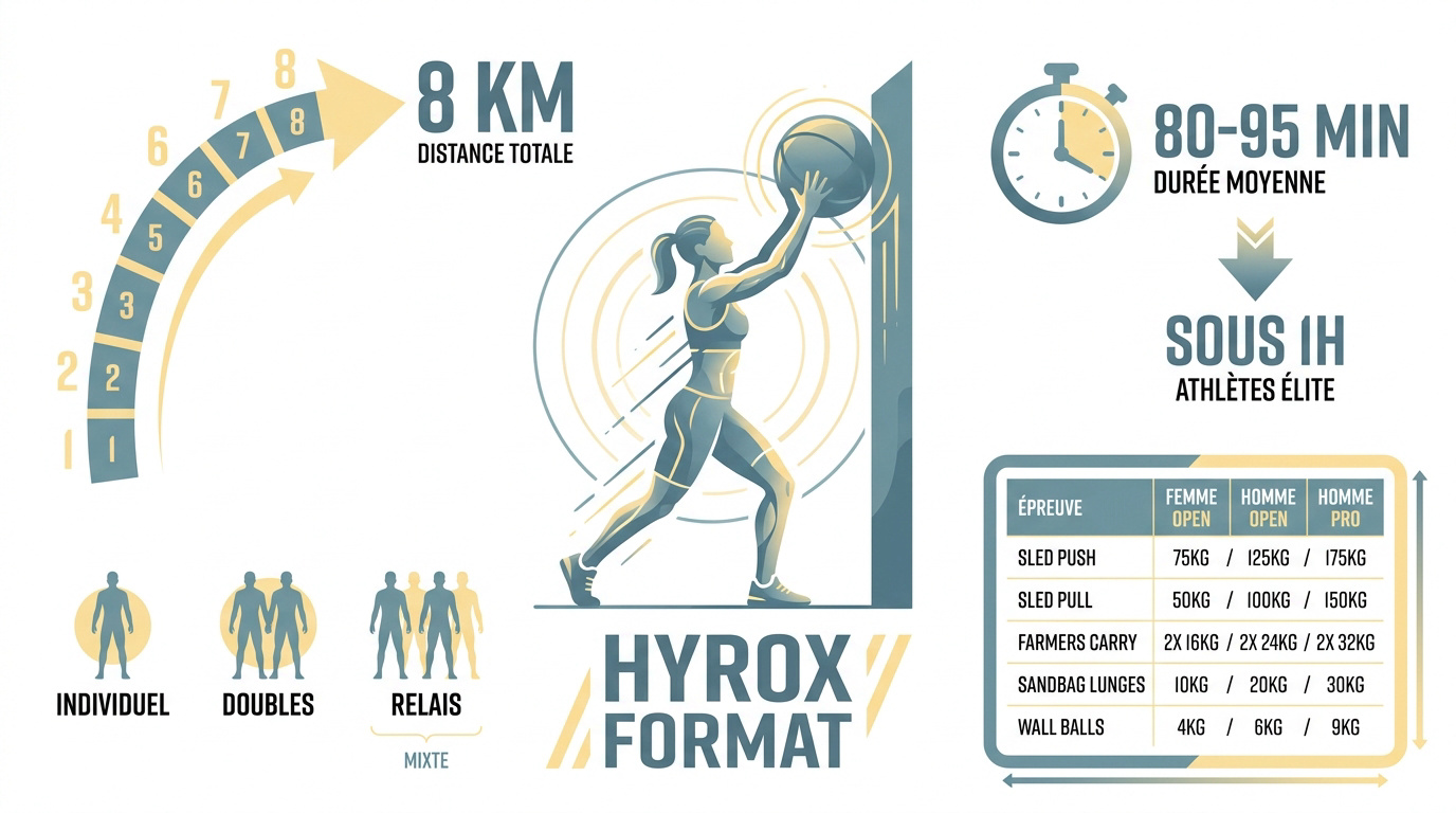 Infographie récapitulative du format de course Hyrox et des performances moyennes