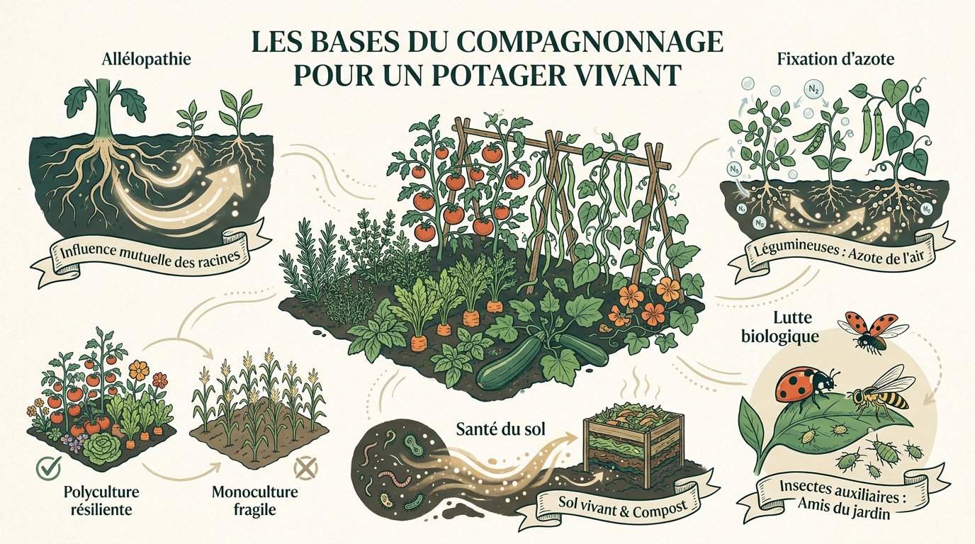 Illustration du compagnonnage de légumes dans un potager bio avec diverses plantes associées