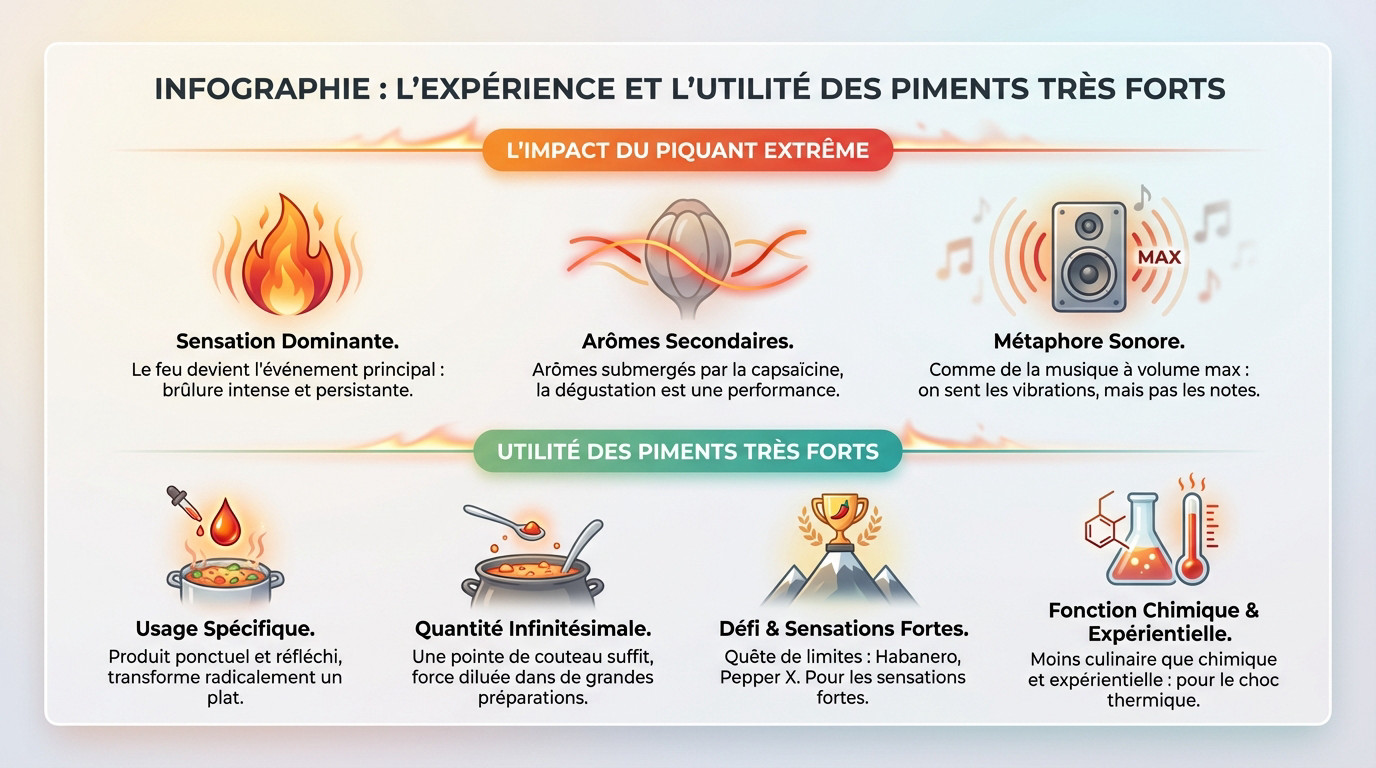Infographie illustrant l'expérience sensorielle intense et l'utilité culinaire spécifique des piments très forts