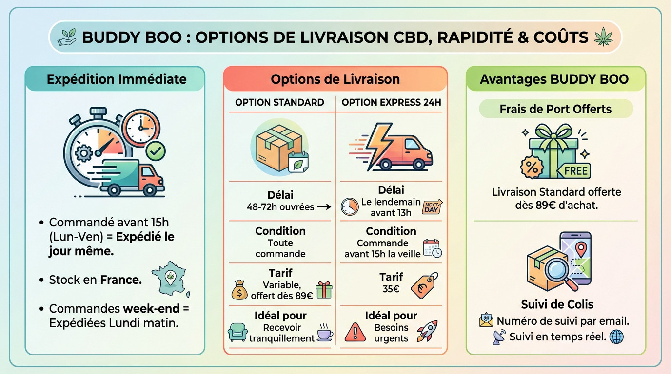Tableau comparatif des options de livraison CBD rapide chez Buddy Boo