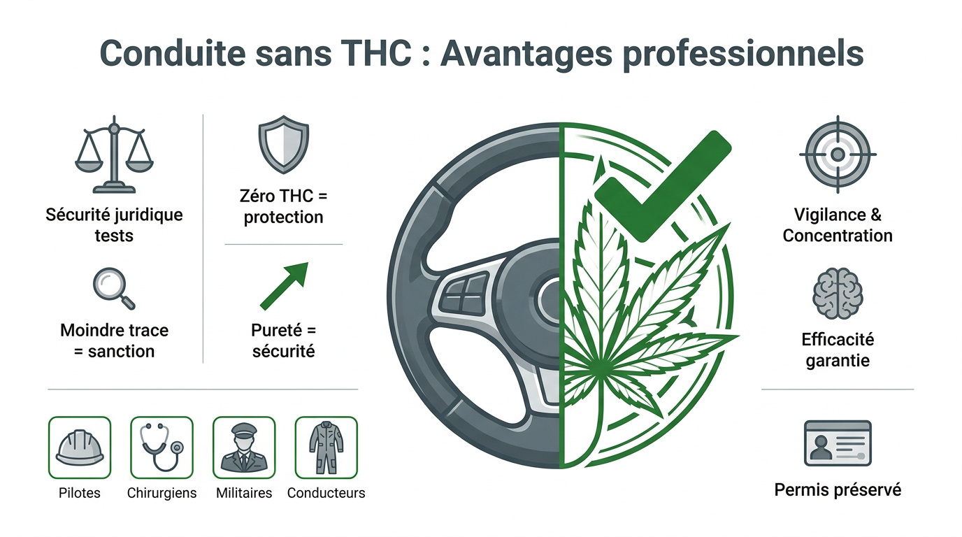 Conducteur serein au volant utilisant du CBD sans THC pour sa sécurité professionnelle