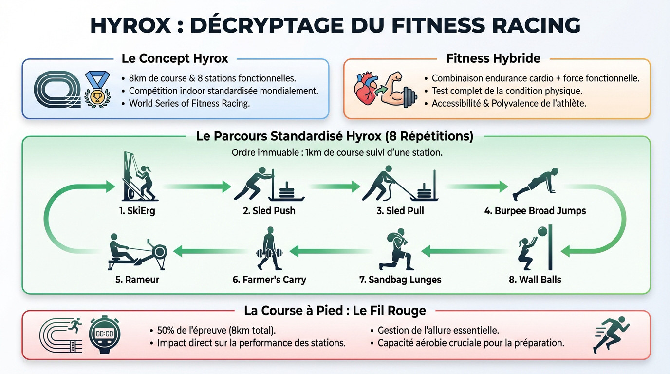 Athlète Hyrox en plein effort combinant course et exercices fonctionnels lors d'une compétition indoor