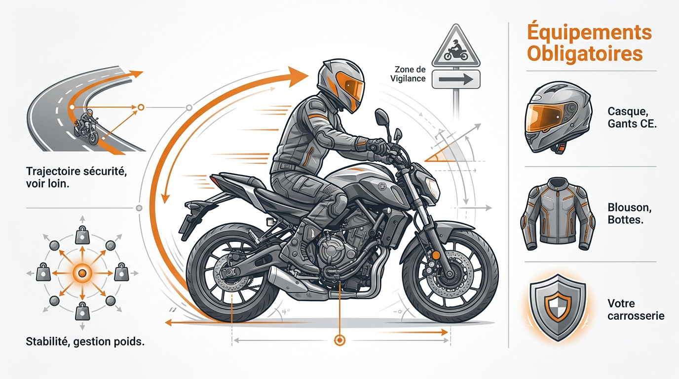 Motard en équipement complet appliquant la trajectoire de sécurité en virage pour l'ETM