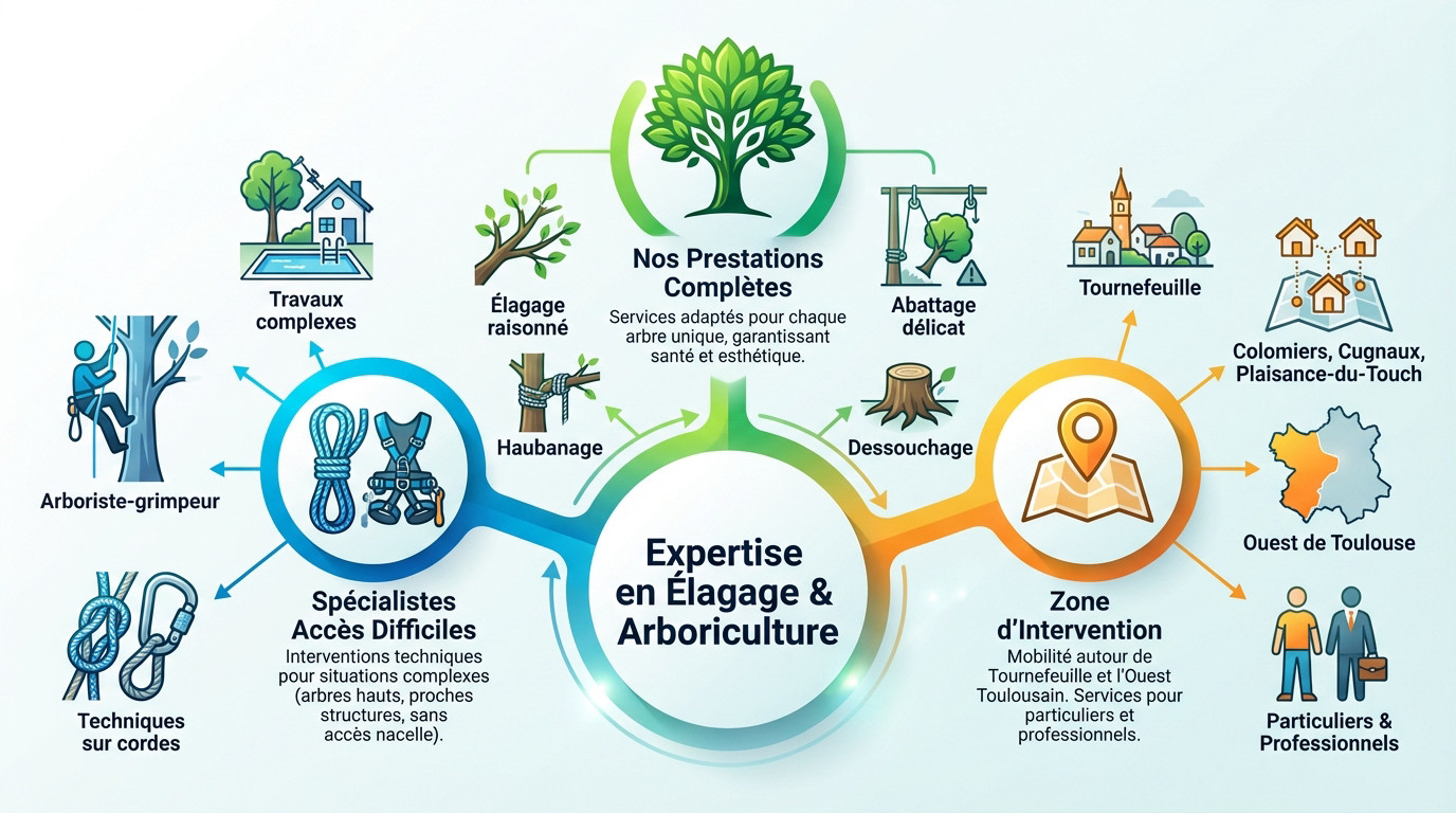 Élagueur professionnel réalisant une taille raisonnée sur un grand arbre à Tournefeuille
