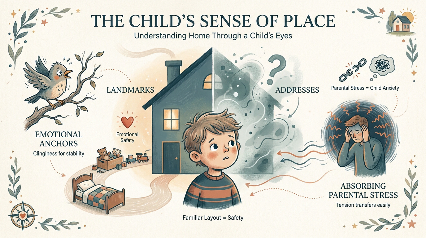 A young child sitting among moving boxes looking uncertain about the new environment.