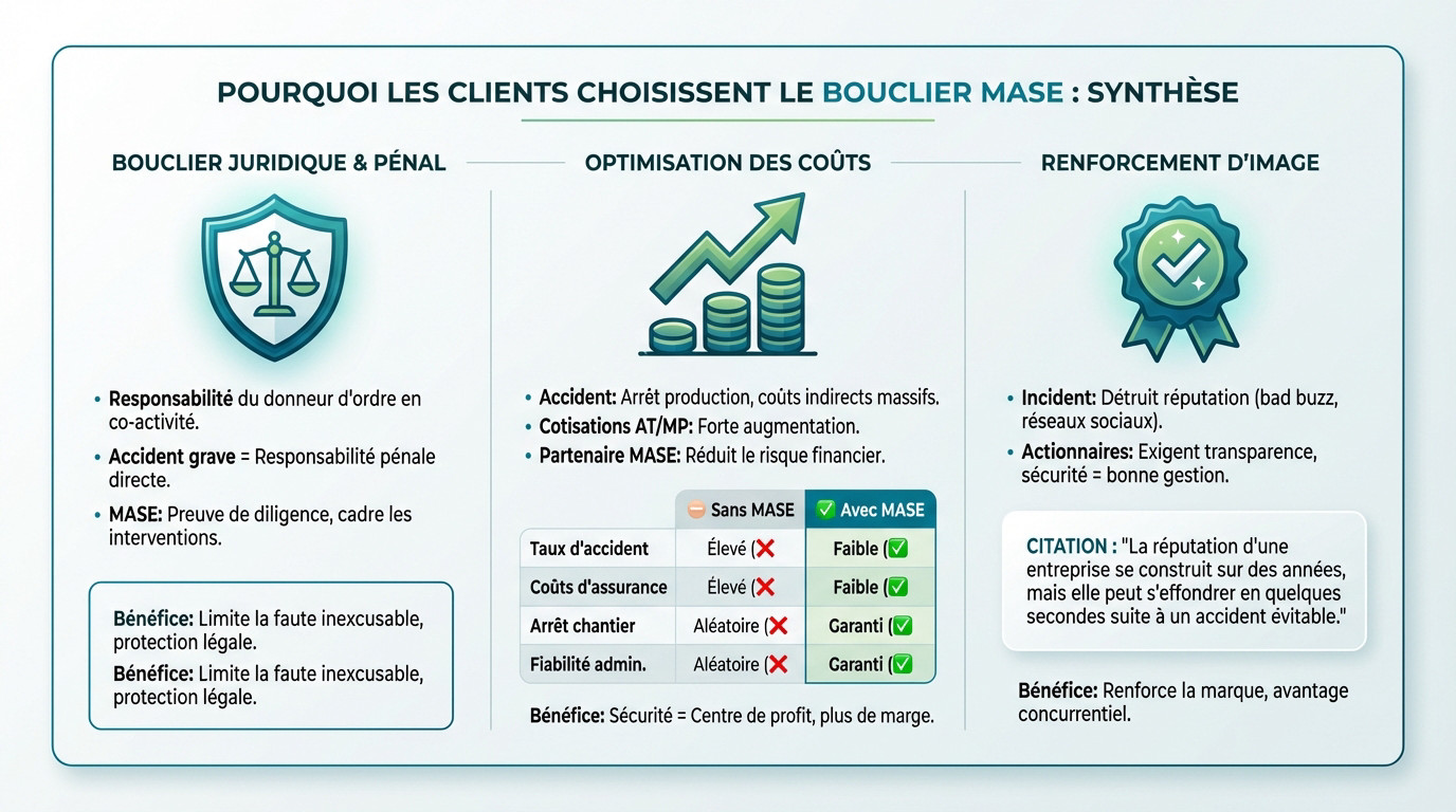 Synthèse des avantages du MASE pour le donneur d'ordre : juridique, financier et image