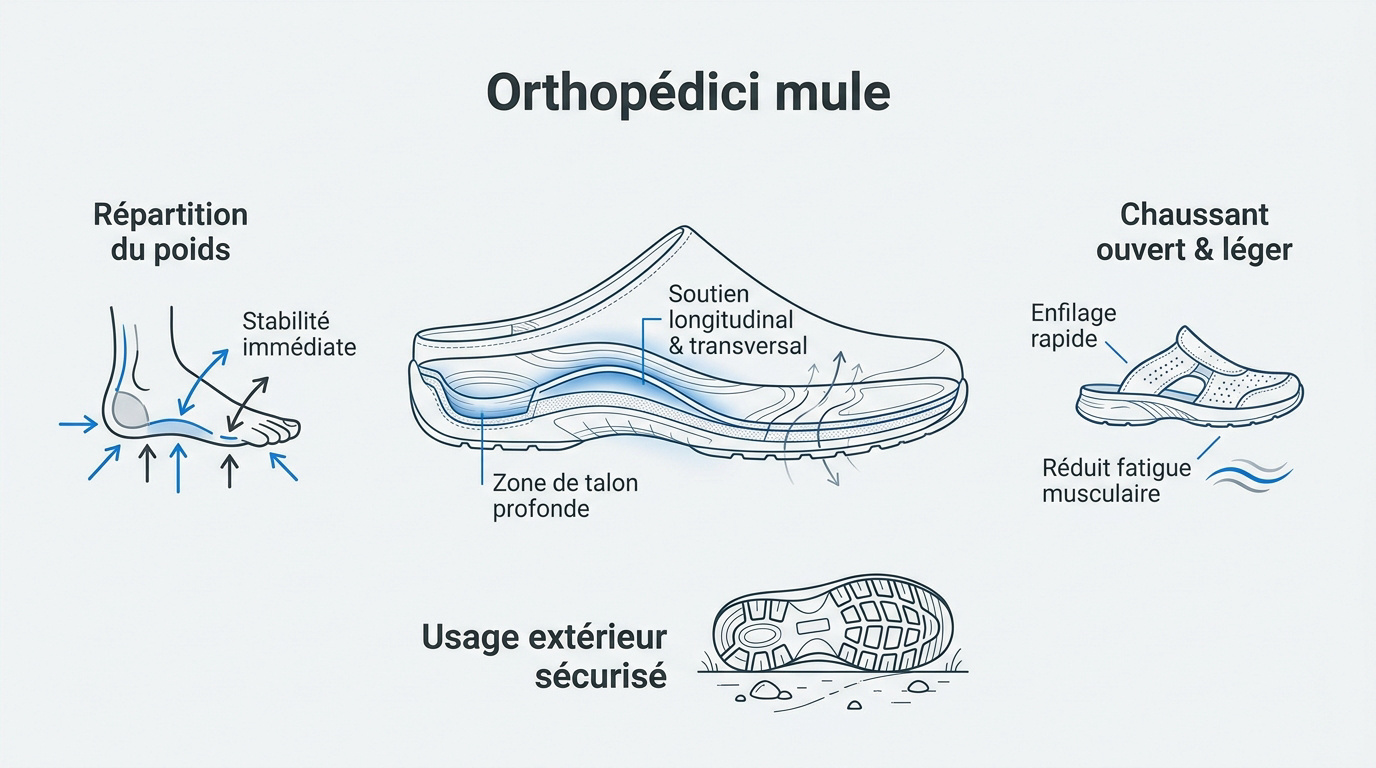 Infographie montrant les bénéfices de soutien et de confort des mules orthopédiques pour femme
