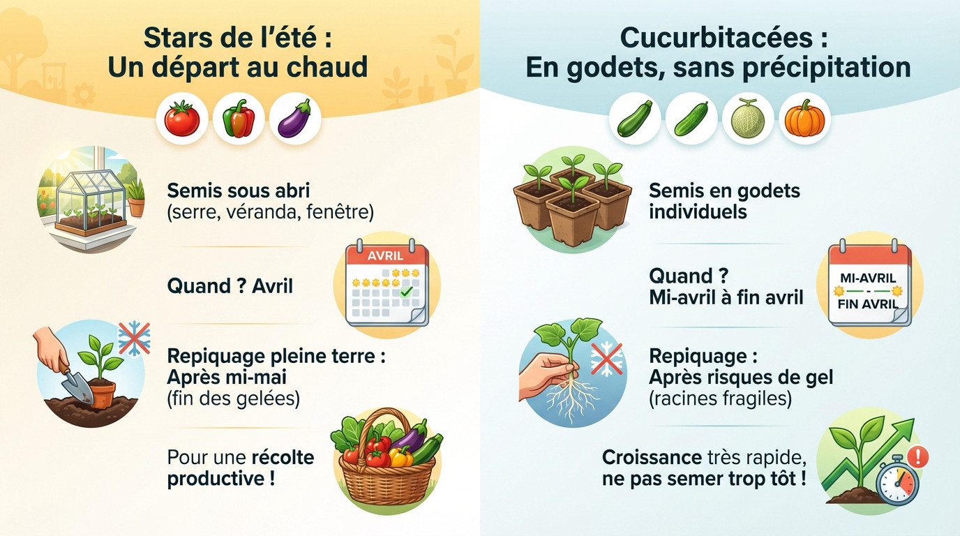 Semis de légumes d'été en godets sous abri pour le mois d'avril