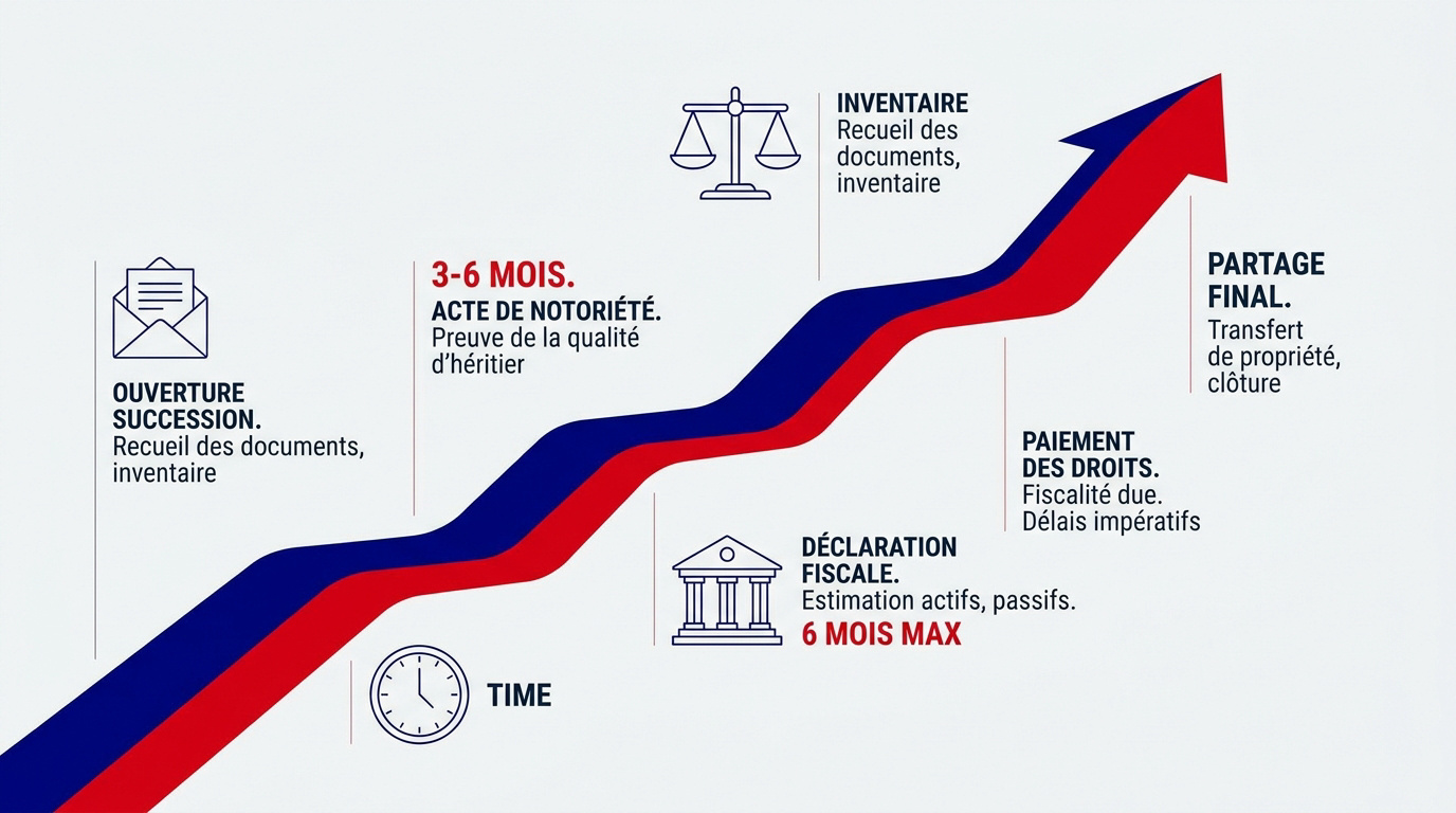 Infographie détaillant les étapes et les délais du règlement d'une succession chez le notaire