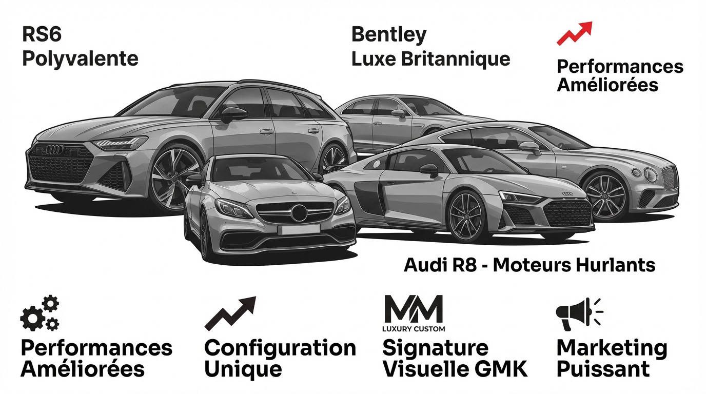 Infographie présentant des voitures de luxe avec personnalisation par covering camouflage