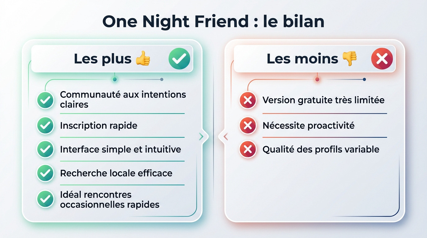 Tableau récapitulatif des points forts et faibles de One Night Friend