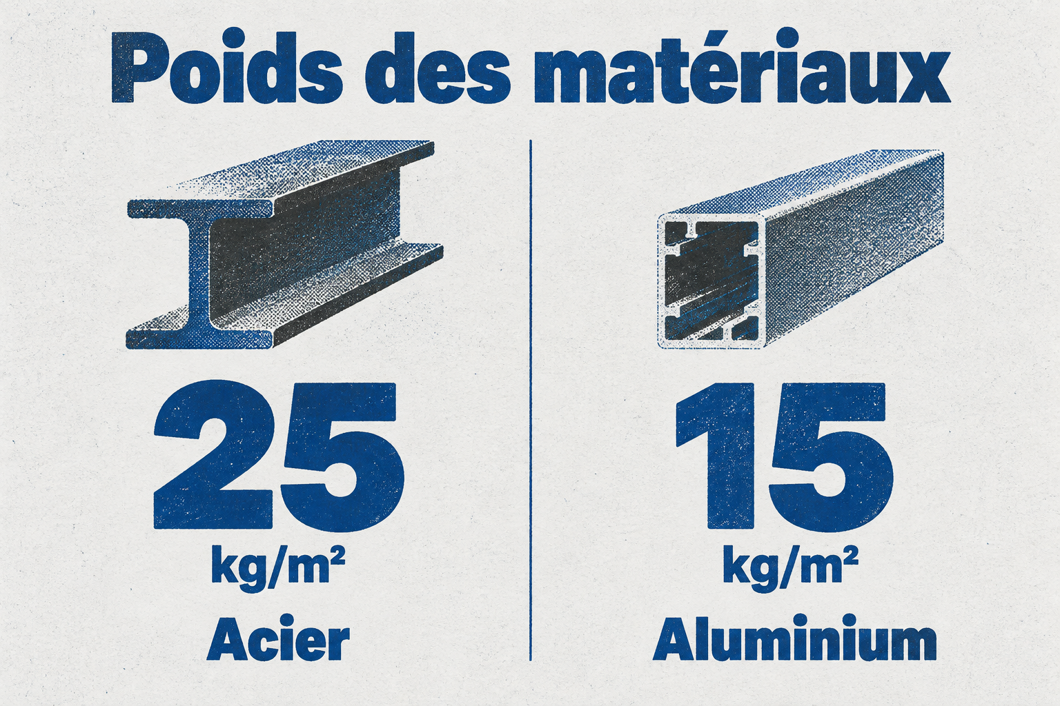 Infographie comparant le poids par mètre carré de l'acier (25 kg) et de l'aluminium (15 kg) pour une verrière, montrant que l'aluminium est plus léger.