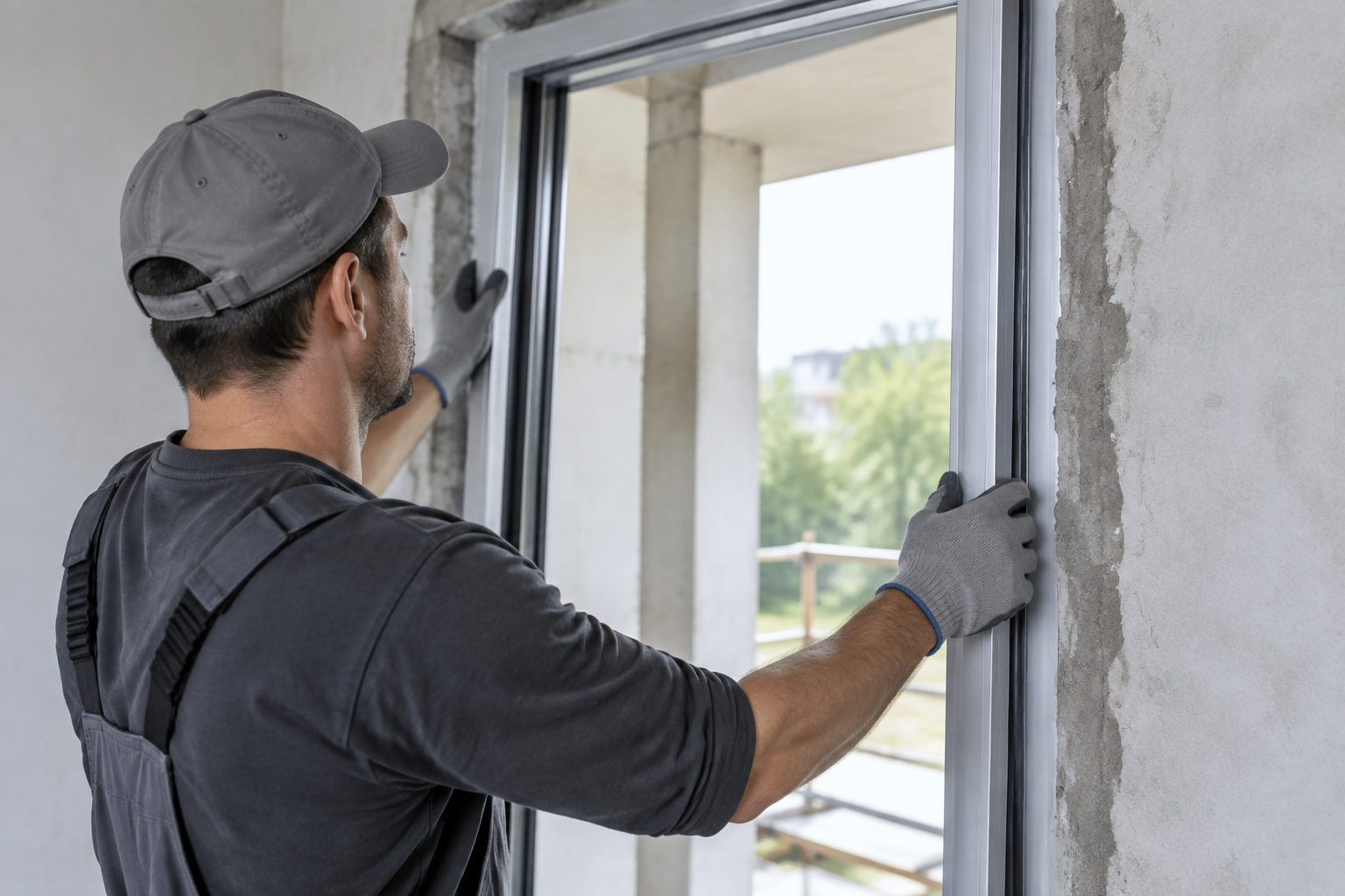 Pose d'un cadre de verrière en aluminium dans une ouverture de cloison.