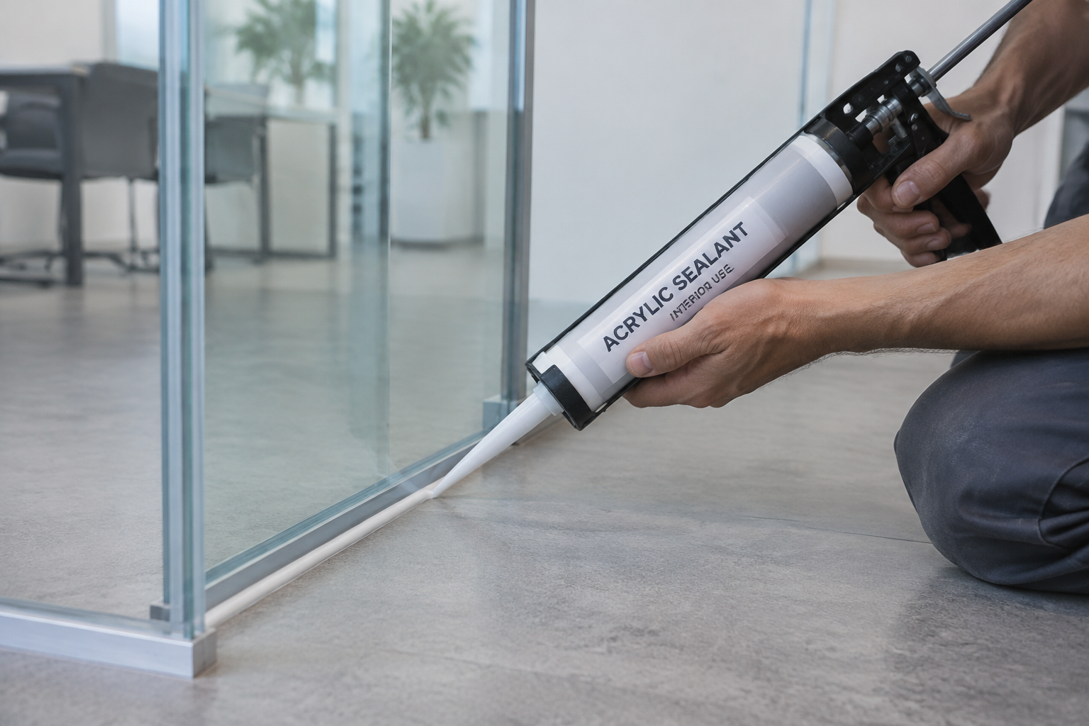 Application de mastic acrylique sur un joint autour d'une verrière.