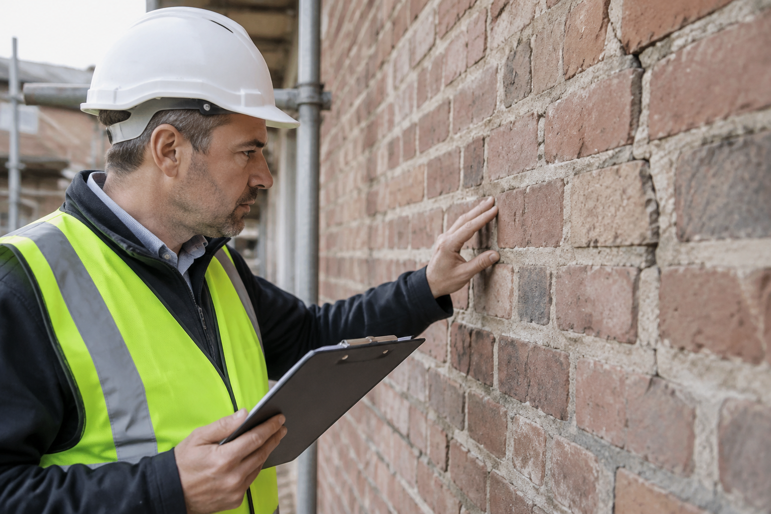 Ingénieur en structure inspectant un mur en maçonnerie.