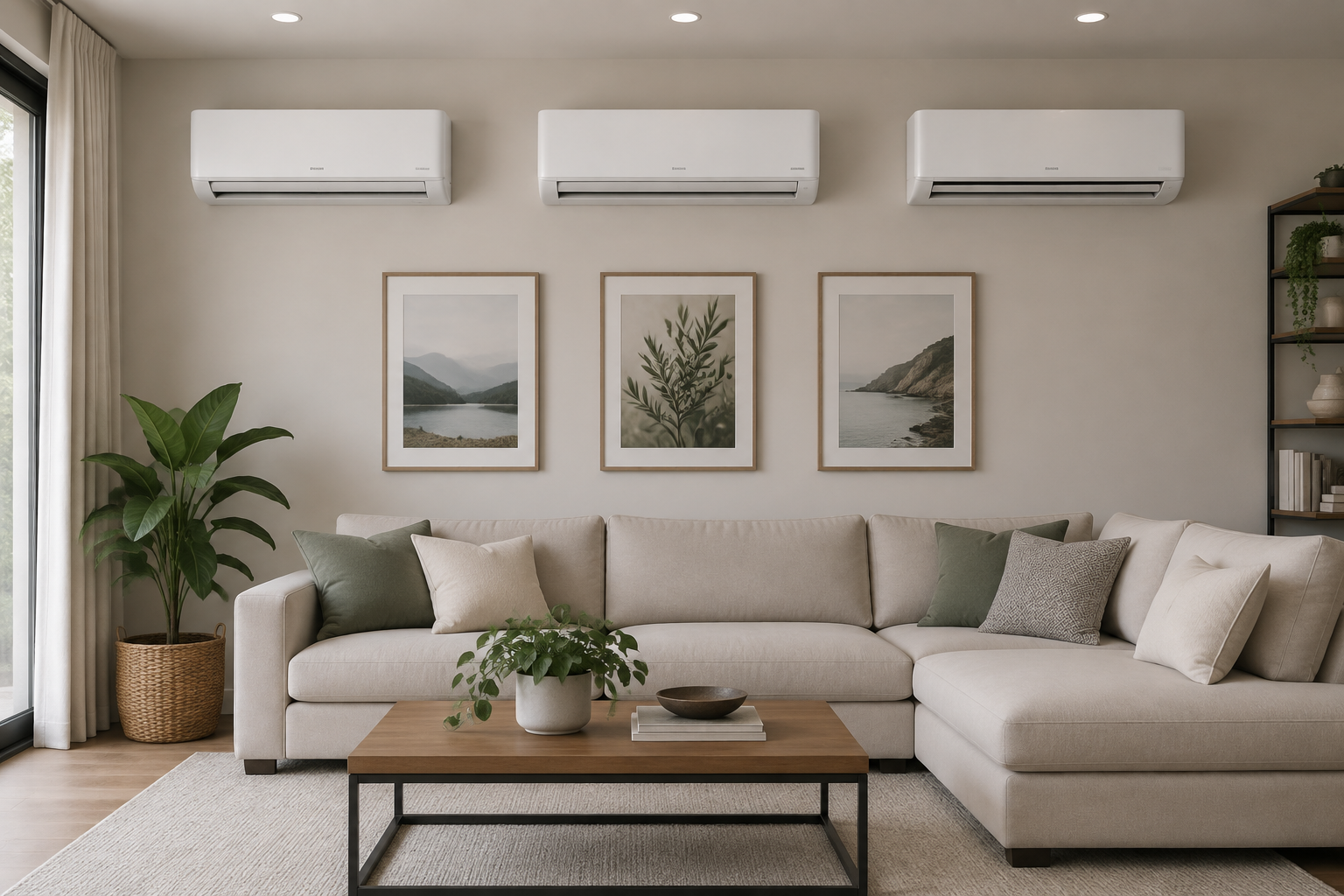 Trois unités intérieures murales de climatisation installées dans un salon.