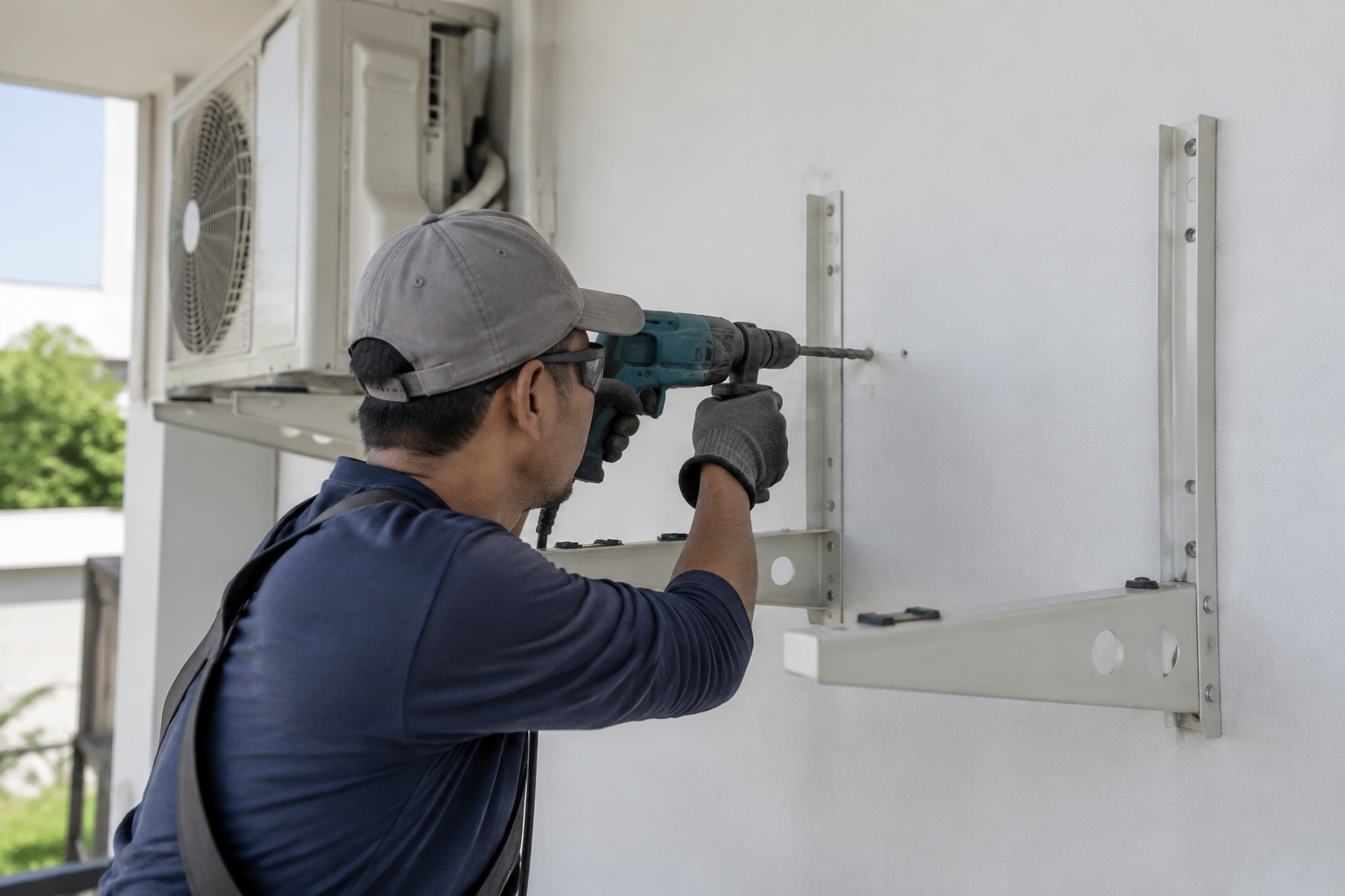 Technicien perçant un mur pour installer un support de climatisation.
