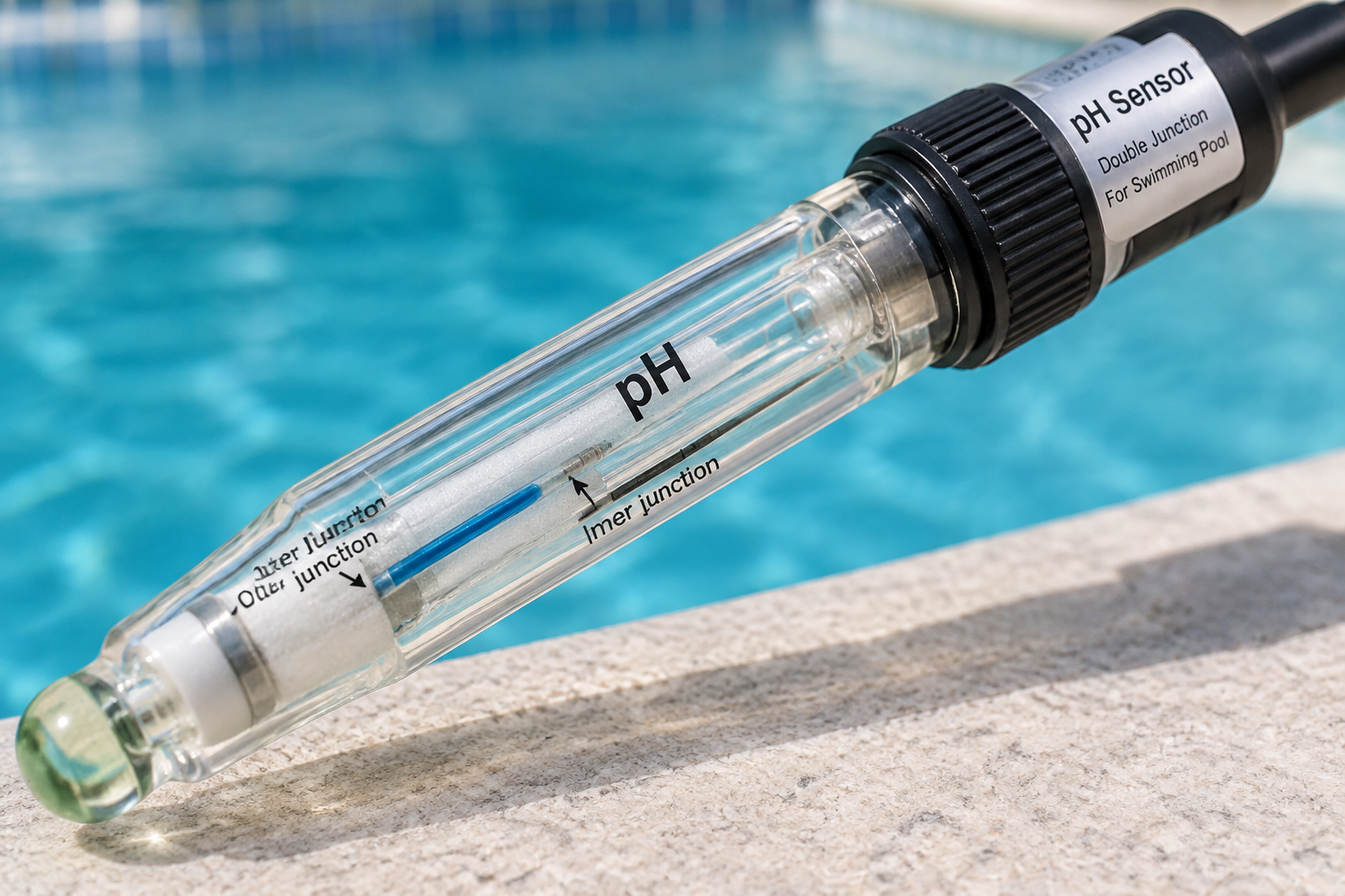 Gros plan d'une sonde pH double jonction pour piscine.