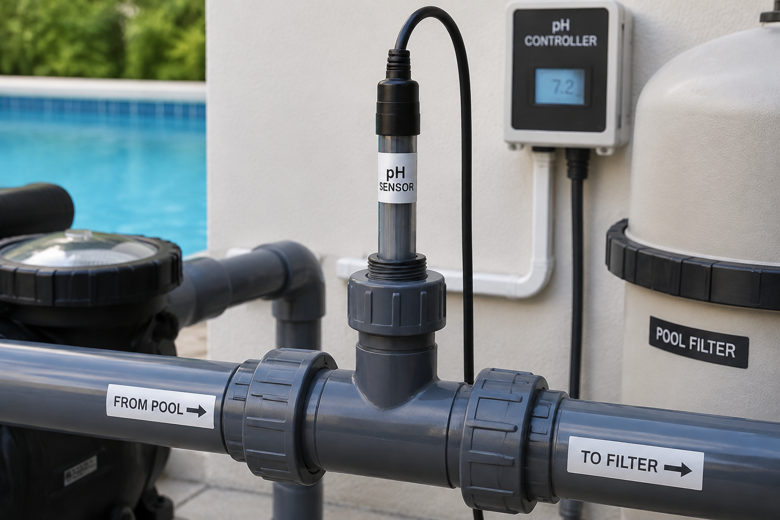 Sonde pH montée verticalement sur une canalisation de piscine.