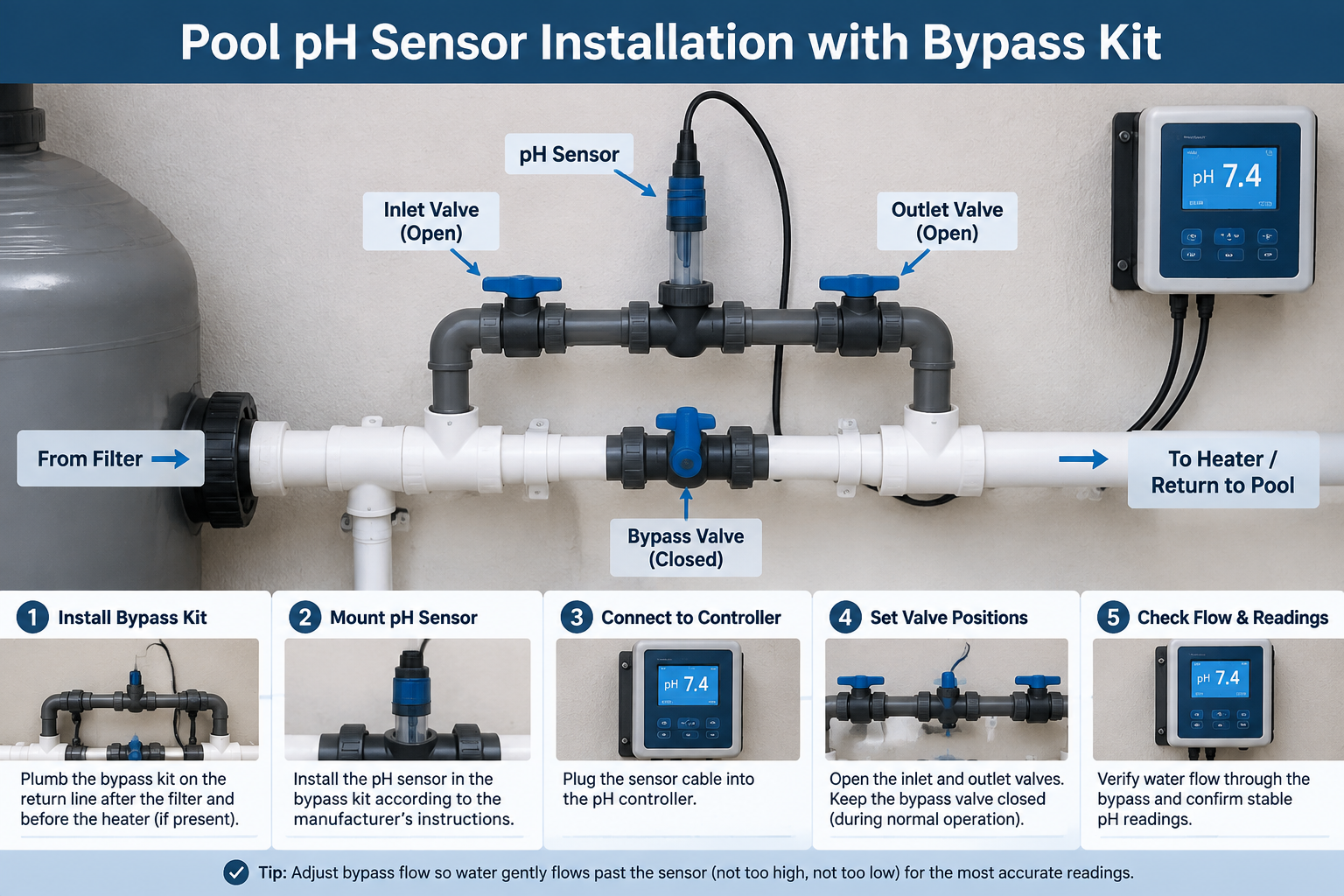 Installation d'une sonde pH de piscine avec kit by-pass.