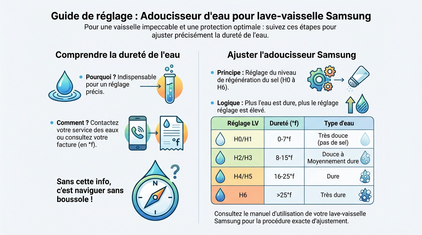 Guide de réglage de l'adoucisseur d'eau sur un lave-vaisselle Samsung pour éviter le calcaire