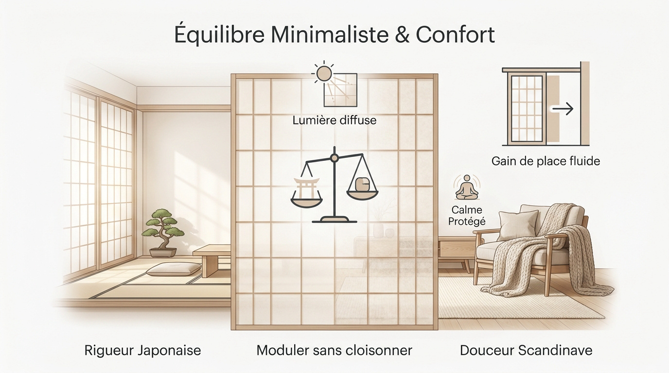 Infographie illustrant l'équilibre entre minimalisme japonais et confort scandinave dans un intérieur Japandi