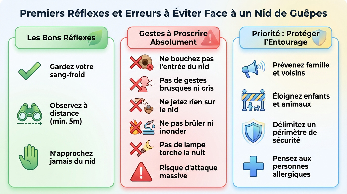 Illustration des bons gestes et erreurs à éviter face à un nid de guêpes