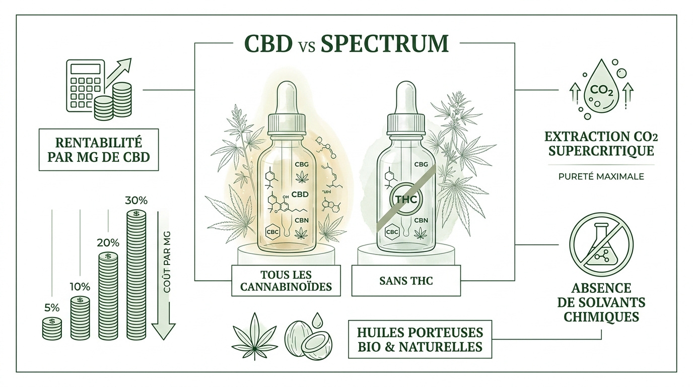 Infographie comparative entre le CBD spectre complet et le CBD spectre large