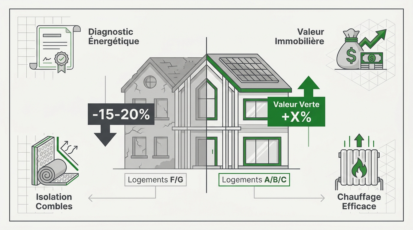 Graphique montrant l'impact du DPE sur la valeur immobilière et la décote des passoires thermiques