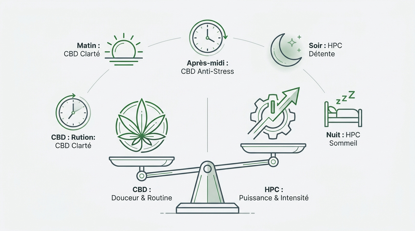 Comparaison visuelle entre les effets relaxants du CBD et la puissance du HPC