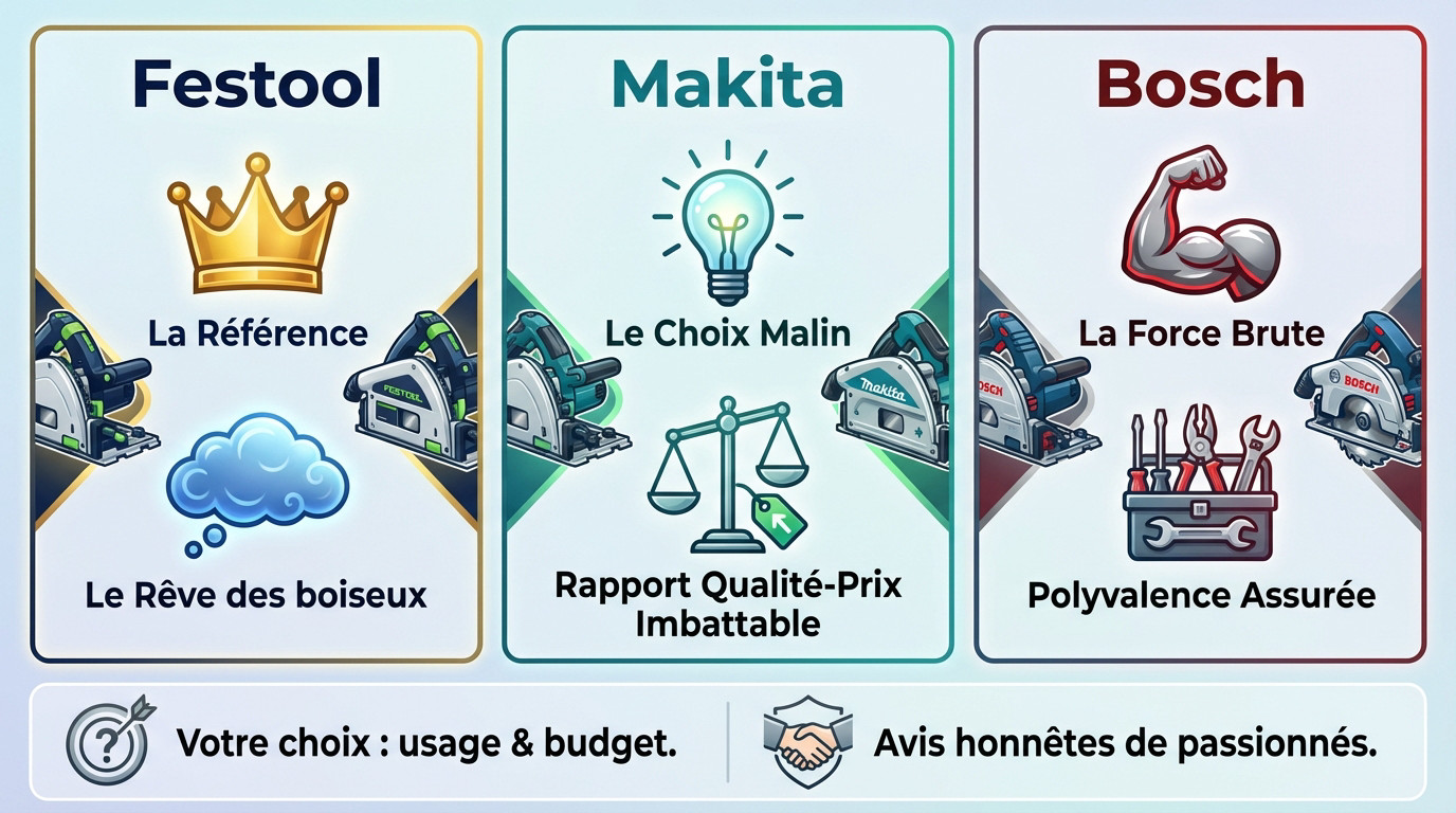Comparatif des scies plongeantes Festool Makita et Bosch sur un établi