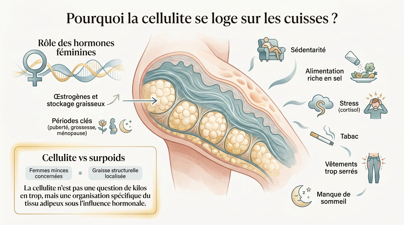Schéma explicatif de la formation de la cellulite sous le derme des cuisses