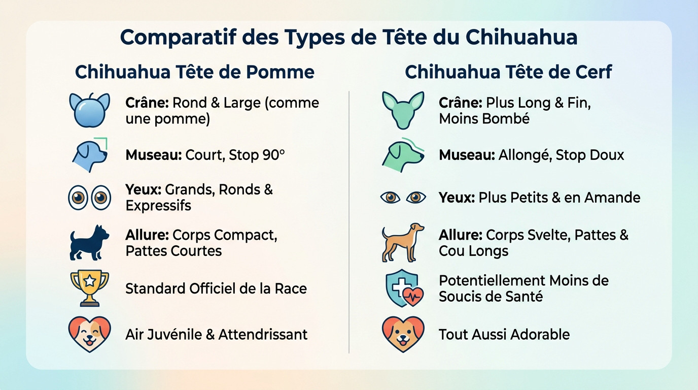 Comparaison visuelle entre un chihuahua tête de pomme et un chihuahua tête de cerf