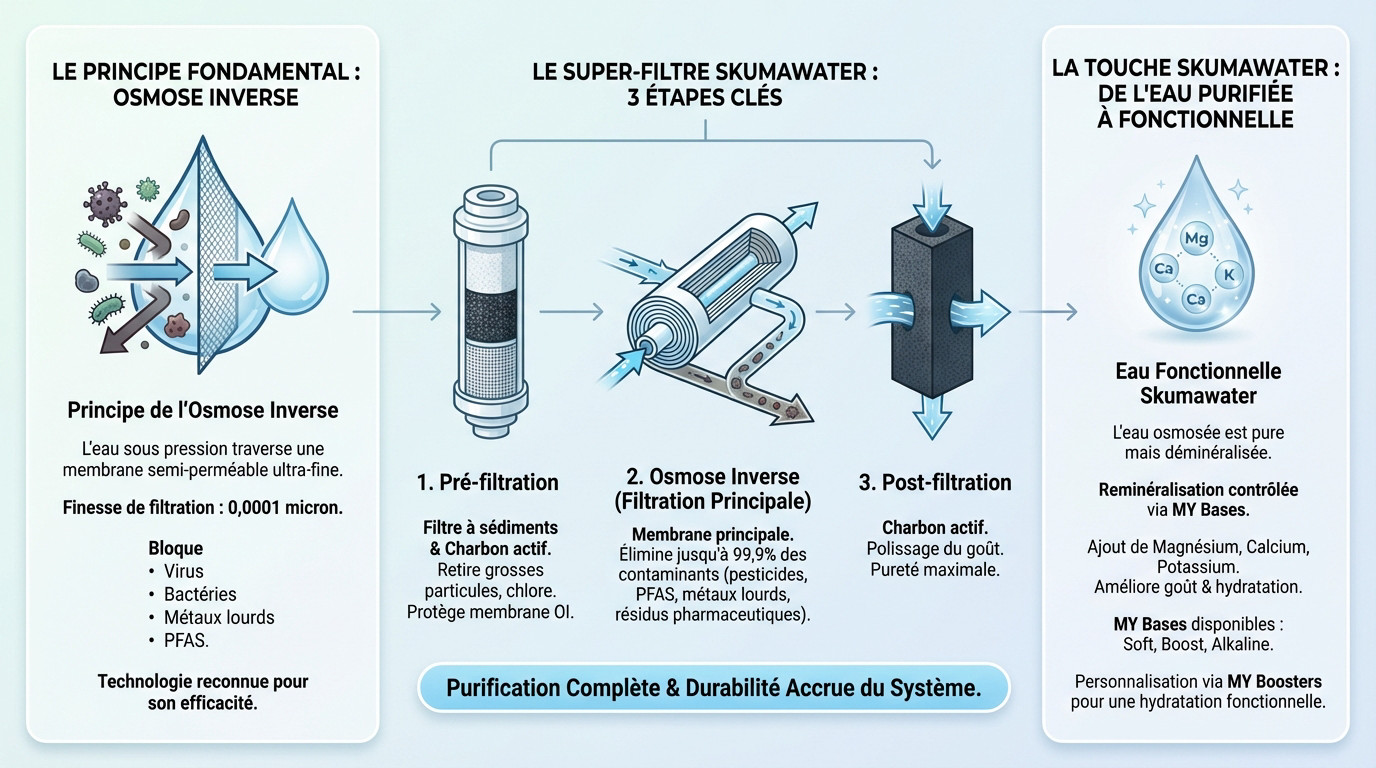 Schéma du système de filtration Skumawater et processus de reminéralisation