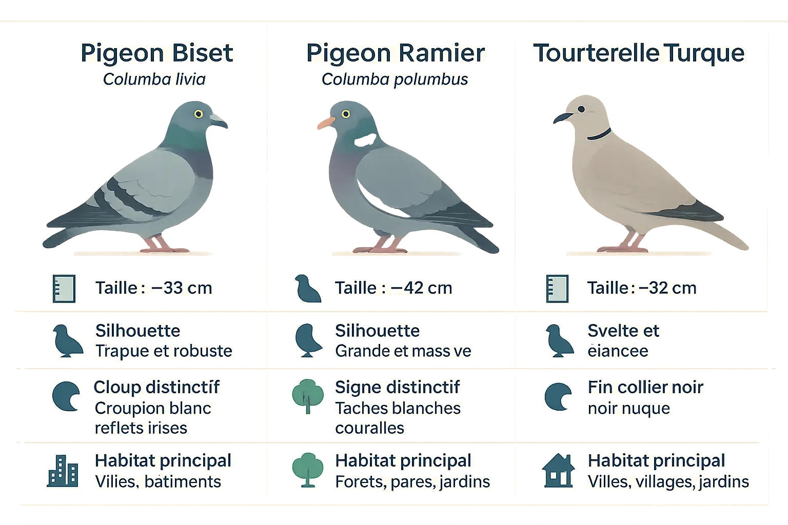 Comparaison visuelle des trois espèces de pigeons