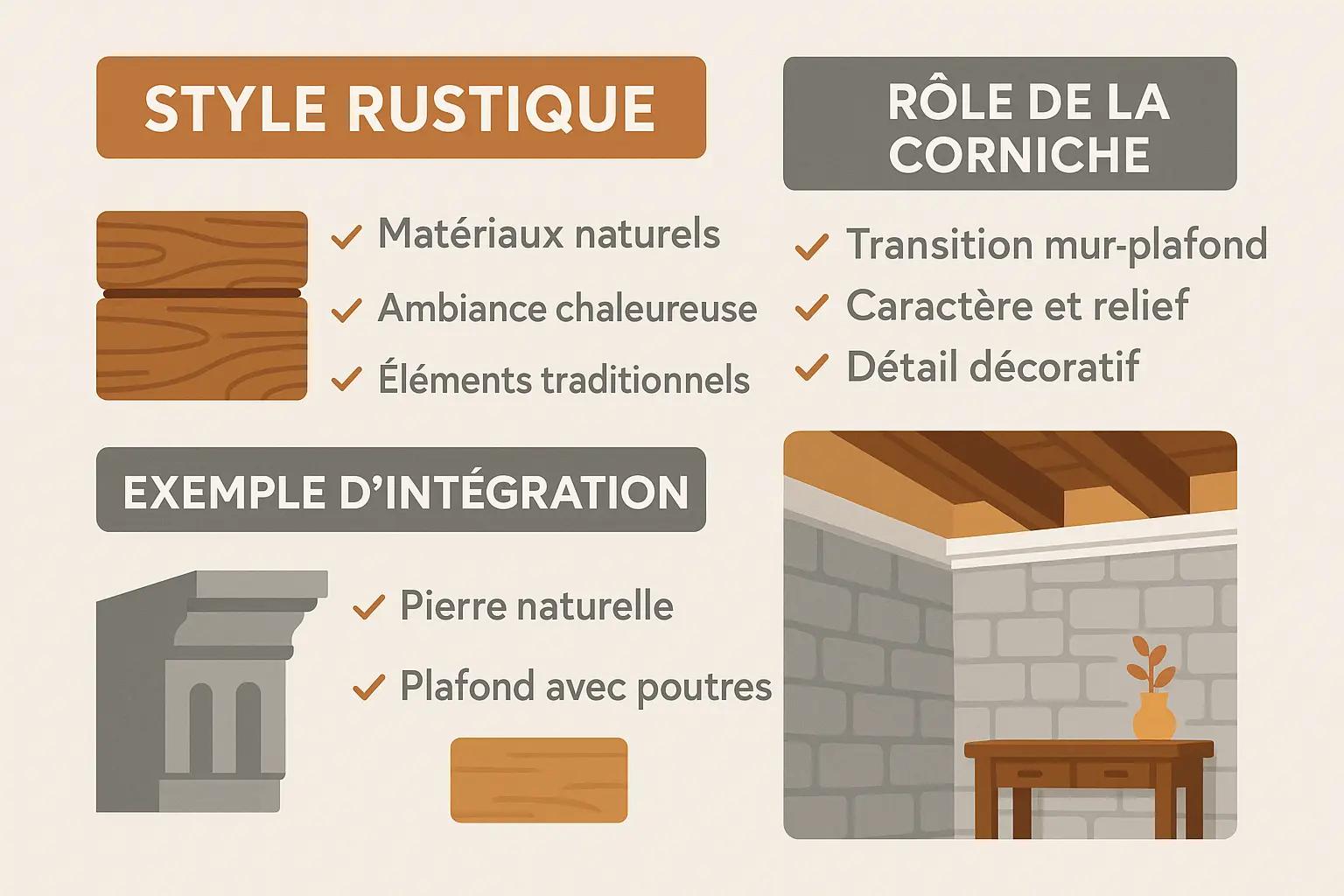 Exemple de corniche dans un décor rustique